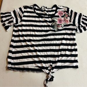 Nine Four One Striped Black and White Top with Floral Embroidery - Size L